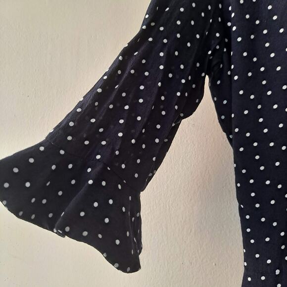 Loft Navy Blue Polka Dotted Short Bell Sleeve Ruffle Wrap Romper Dress - Size 2 - Picture 9 of 13